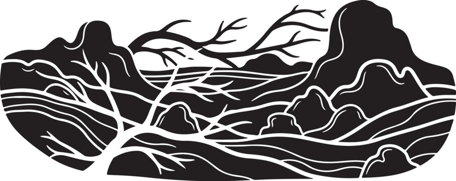 Black, white landscape vector, minimalist mountain range silhouette, bare tree branches, simple illustration
