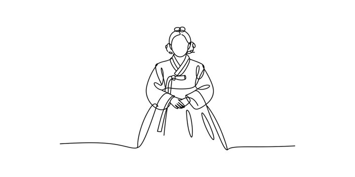 Woman in traditional korean hanbok dress, continuous line drawing Vector, illustration