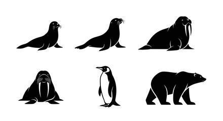 Set of black silhouettes of arctic animals including polar bear, penguin, walrus, and seal. © Four