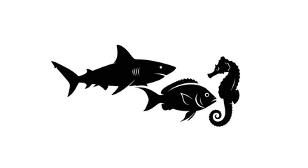 Set of black silhouettes of a shark, fish, and seahorse isolated on white background. © Four