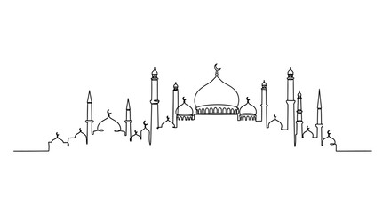 Obraz premium Continuous Line Drawing of Islamic Mosque Silhouette, Minimalist Architecture