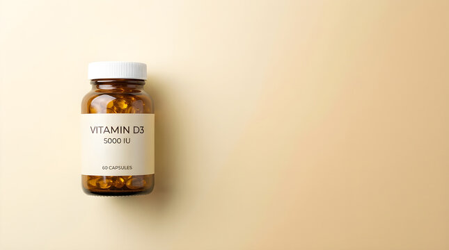 Vitamin d3 supplement bottle on beige background with white cap and label
