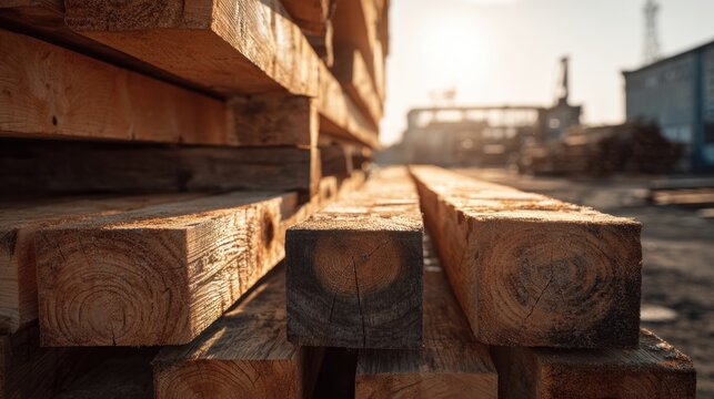 Stacked raw wooden beams arranged outdoors in a lumberyard with warm sunlight highlighting natural textures and industrial background elements