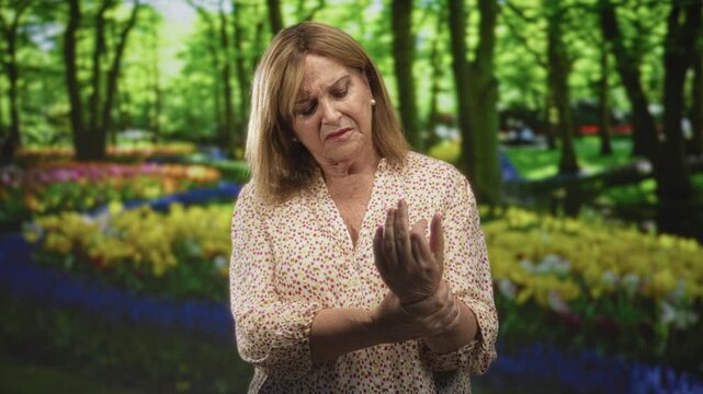 Middle age woman rubbing wrist and inspecting hand for joint pain while standing among tulip beds in a forest setting; discomfort recovery.