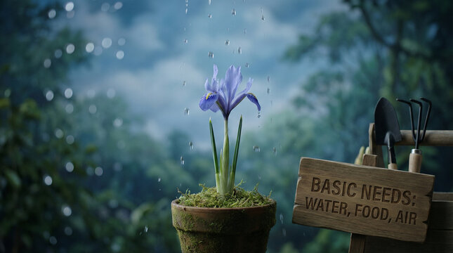 A delicate purple iris flower in a mossy pot with a wooden sign displaying basic needs for growth, set against a rainy forest backdrop with gardening tools basic needs of living things