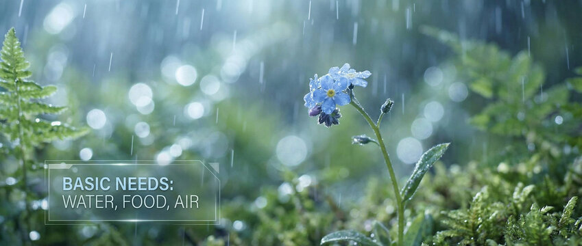 A blue flower stands tall in a lush green environment on a rainy day with text overlay about basic human needs basic needs of living things