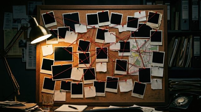 A cluttered investigation board filled with blank photos, notes, and red string connecting various points, illuminated by a desk lamp in a dimly lit room.