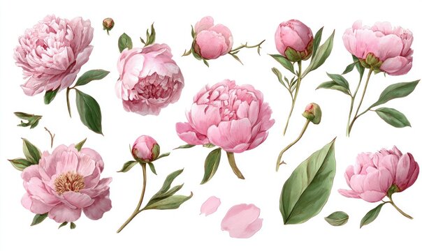 Pink peony flowers and buds with green leaves isolated on white background, botanical illustration of blooming and closed flowers with petals and stems.