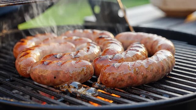 Delicious Sausages Grilling on an Outdoor Barbecue Grill.