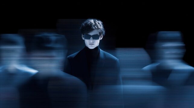 Man wearing sunglasses and black turtleneck stands still with blurred figures moving around him, concept of isolation, focus, and contrast in dark environment with motion effect.