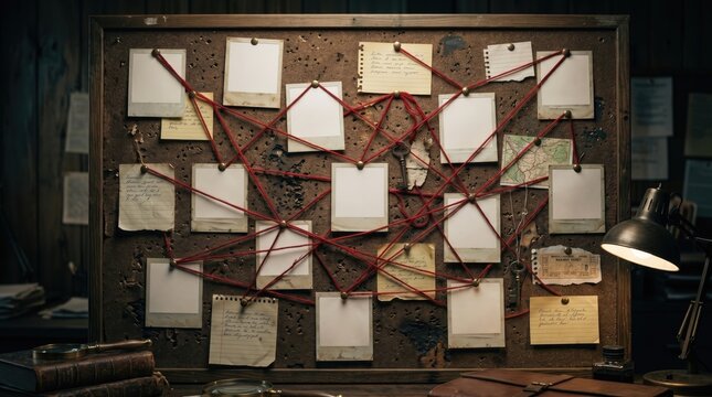A cluttered corkboard displays various notes connected by red strings, suggesting an investigative or conspiracy theory setup in a dimly lit room.