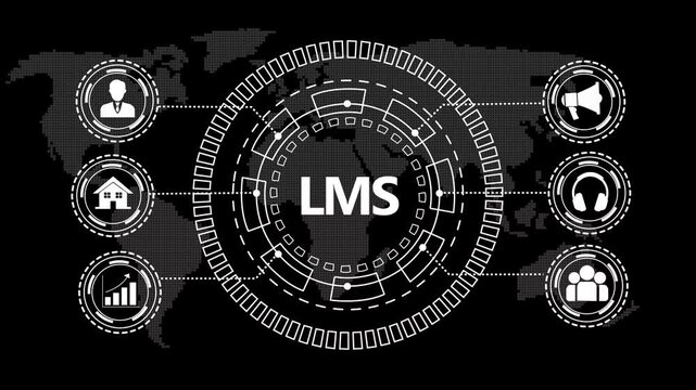 Lms learning management system digital interface with global network connectivity and animated hud data visualization for corporate e-learning and educational software development concepts