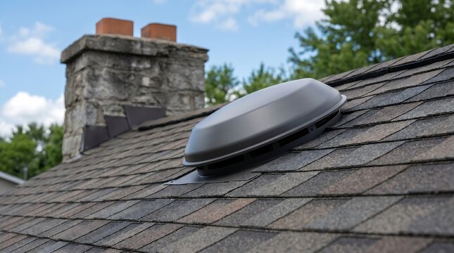 Modern attic roof vent installed on shingle rooftop