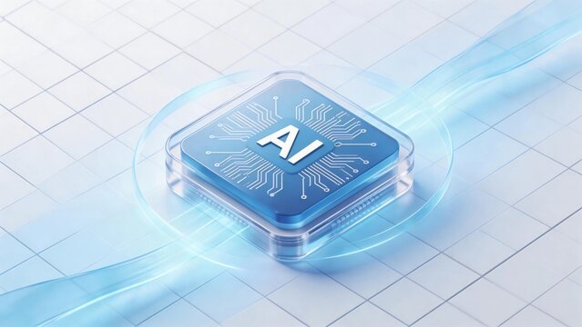 AI Chip with Circuit Pattern on Grid Background, Illuminated by Blue Light
