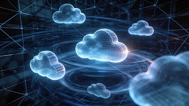 Abstract cloud computing concept with transparent grid texture and network lines