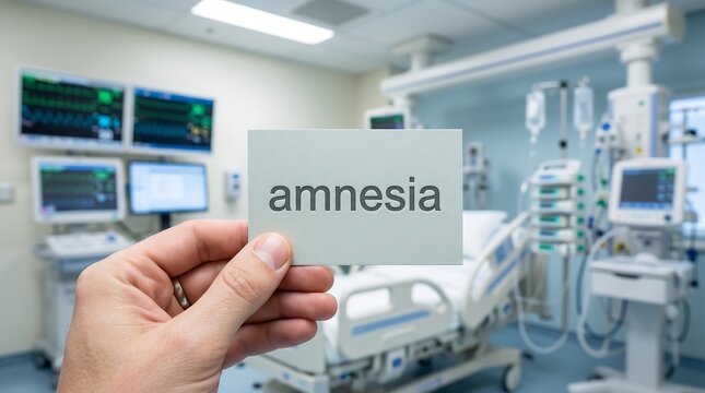 Hand holding amnesia card in hospital room with medical equipment