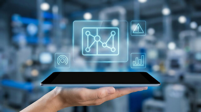 Digital transformation for smart factories. Hand holds tablet projecting glowing icons advanced data analytics and automation