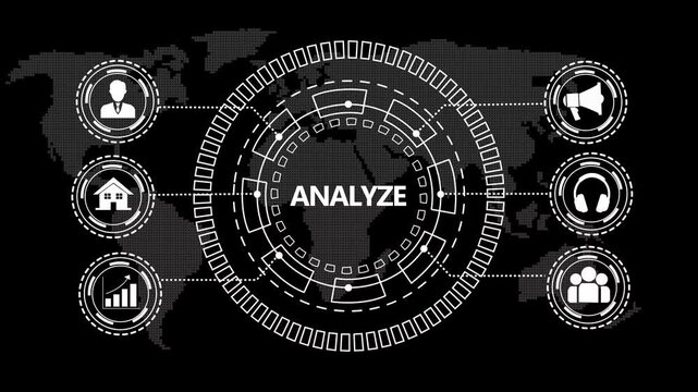 Advanced digital data analysis interface featuring a rotating hud circular ui over a global map background, with interactive business, for corporate technology, and financial reporting