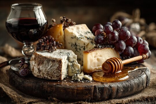 Delicious cheese, grapes, and honey paired with red wine
