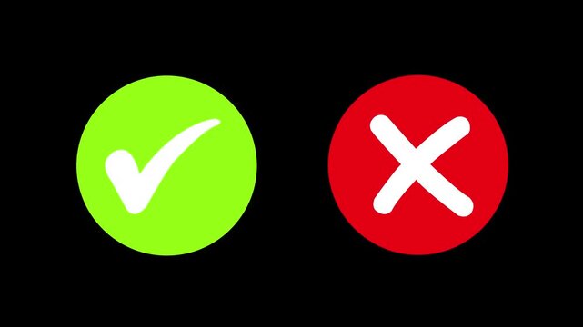 Dynamic animated green checkmark and red cross symbols set for user interface digital feedback, task completion, error notification, and interactive web application on black background