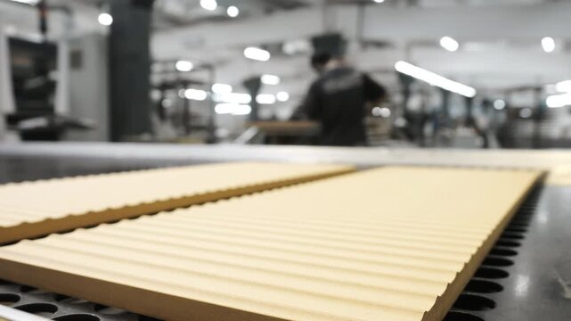Close up of wooden panels on production line with blurred worker in modern woodworking factory.