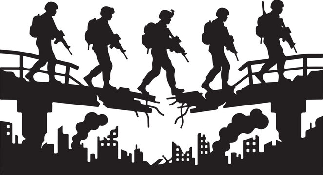 Military soldiers, army combat, black silhouette, cityscape destruction, war zone, 5 soldiers