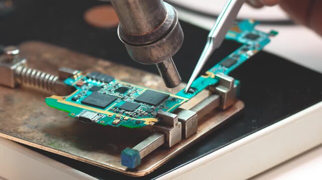Professional technician soldering components on laptop motherboard in electronics workshop