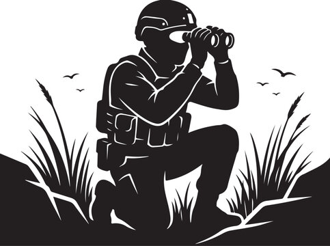 Military scout vector, soldier with binoculars, tactical gear, black silhouette, surveillance icon