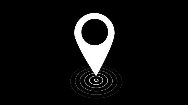 Animated map location pin with pulsing radar signal effect, minimalist white on solid black background, for navigation, gps, tracking, digital interface, and modern ui projects