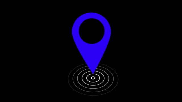 Animated blue map location pin pulsing with concentric circles on a solid black background, minimalist digital navigation symbol for gps tracking, travel apps, and geographic data visualization