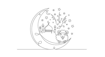 Fototapeta premium Islamic Crescent Moon with Mosque, Sheep, and Stars - Ramadan & Eid Decoration