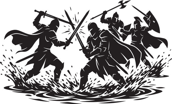 Medieval warriors, battle scene, sword fight, black silhouette, vector icons