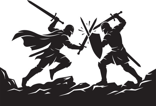 Medieval warriors, ancient battle, black silhouette, combat scene, sword fight