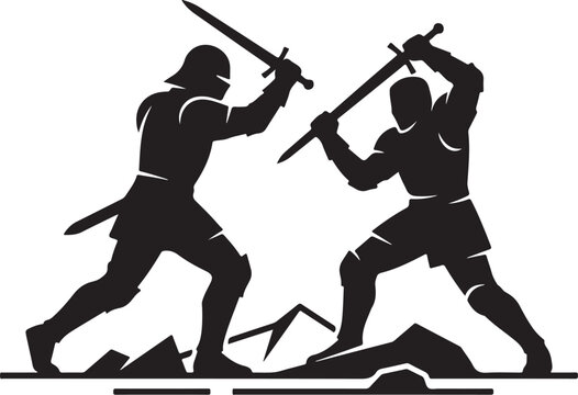 Medieval warriors, sword fight, black silhouette, vector icons, combat illustration
