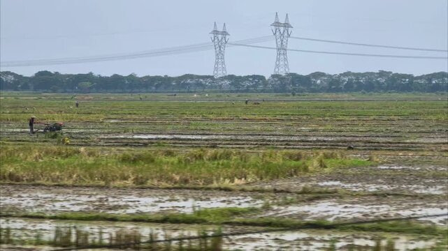 Vast paddy field landscape with electric power transmission towers and high voltage cables in a rural area, shot from a moving train in Indonesia.