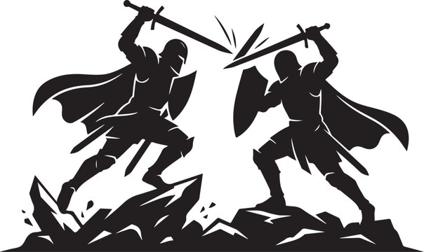 Medieval warriors, combat illustration, black silhouette, fighting men, sword fight