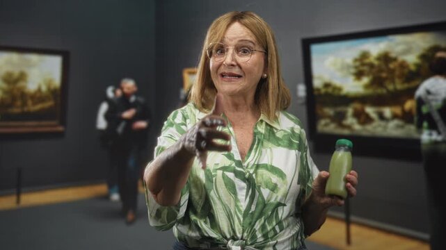 Middle age hispanic woman holding a green juice bottle pointing finger at camera inside a building gallery with framed paintings visible; confidence.