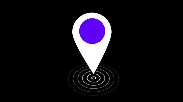 Animated digital map location pin with pulsing radar signal effect on a clean black background, gps navigation, travel apps, logistics tracking, and modern user interface projects