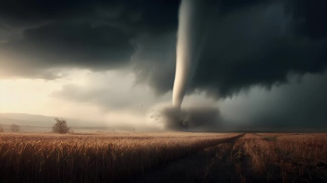 Tornado, twister, weather, natural disaster. A dramatic portrayal of a tornado striking over a vast, goldenbrown field. The sky is filled with dark, stormy clouds, and the sun casts a warm.