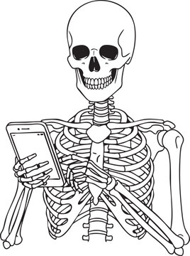 Human skeleton looking down at a mobile phone screen with skeleton