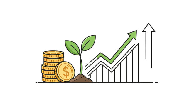 Financial growth with coins, growing plant, and upward graph