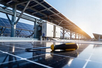 Naklejka premium Screwdriver on solar panel surface at photovoltaic power station ideal for renewable energy maintenance and green technology industrial concept