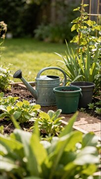 Watering can and flower pots in sunny vegetable garden for irrigation and plant care concept in organic farming marketing