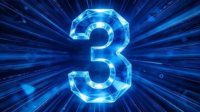 Transparent crystal number three with glowing light in dark technology background