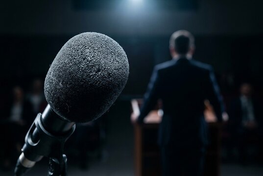 Macro view of a broadcast microphone during a press conference. Symbolizes government announcements, diplomatic statements, and media relations.