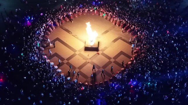 Educational Material: Traditional Bonfire Gathering with Singing and Dancing, Overhead View 