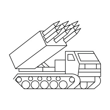 Rocket launcher truck icon, MLRS artillery, military weapon system, missile carrier.Editable stroke, Vector illustration, Line art Icon, Symbols.