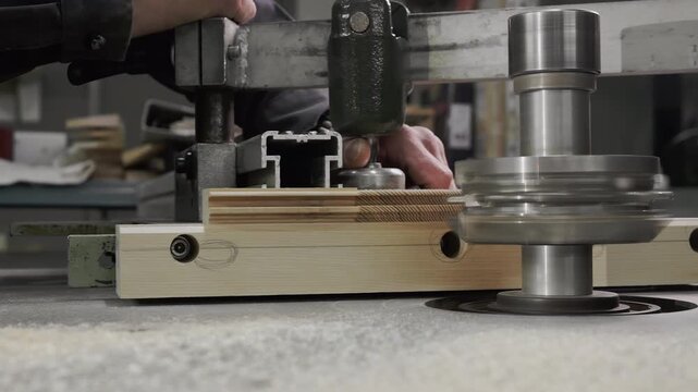 Close up of woodworking milling machine shaping wooden furniture components in factory workshop.