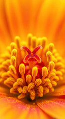 Fototapeta premium Extreme Close Up Orange Flower Center Floral Detail Stamens Pistil Pollen Bright Light Detailed Plant Anatomy Nature's Design Inner Workings