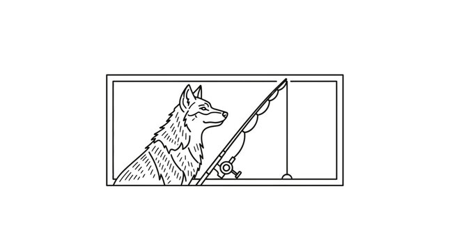 Wolf Fishing Rod Line Drawing Icon